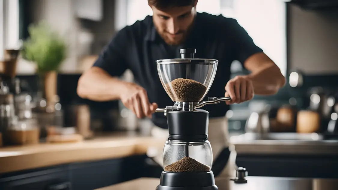 Köpa kaffekvarn - man som står i ett kök och maler kaffe i en kaffekvarn